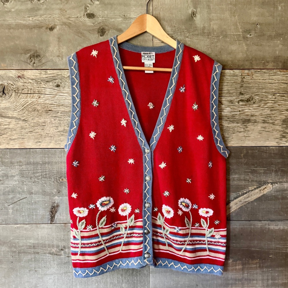 Koret Vintage Womens‎ Floral Sweater Vest L Red Embroidered Novelty Grandmacore